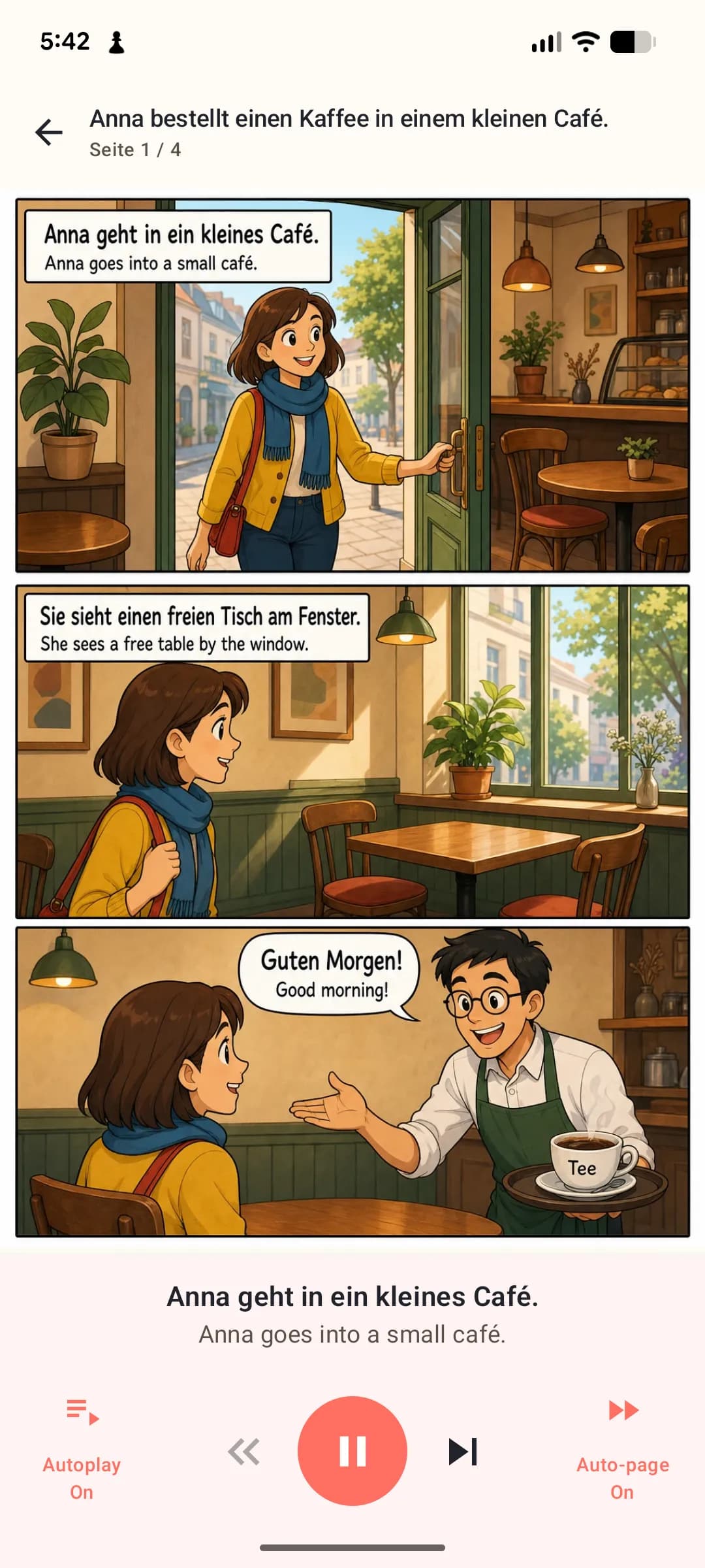German Comics A1 reader showing a comic page with German text and English translation