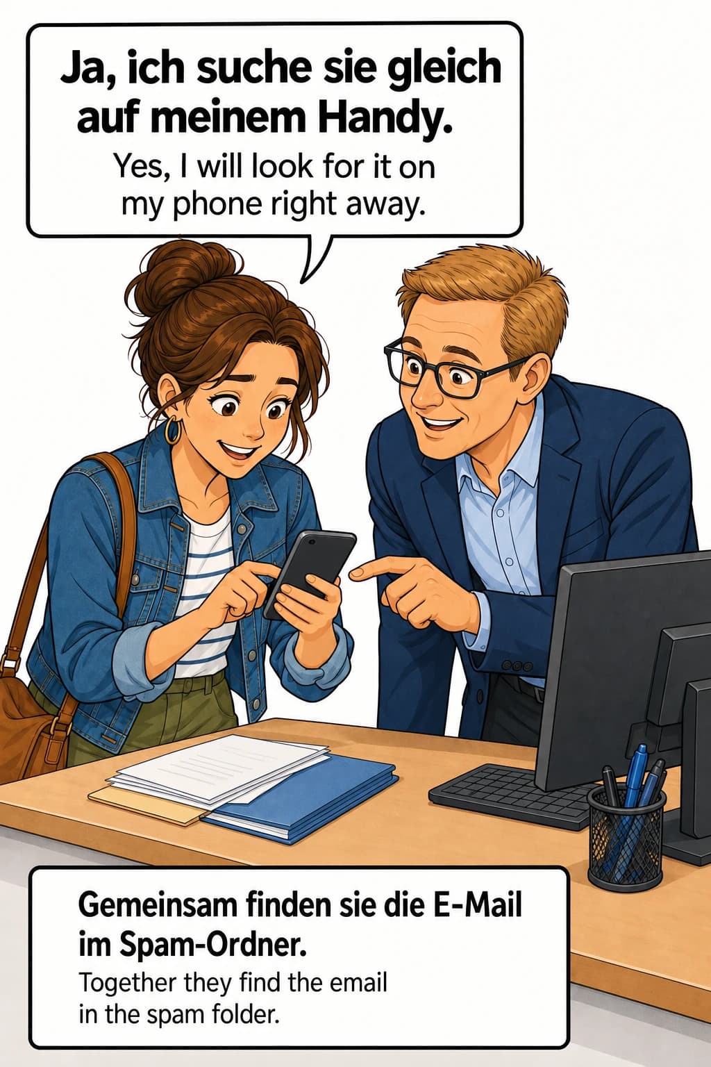 Mara looks for her appointment email on her phone, with German dialogue and English translations