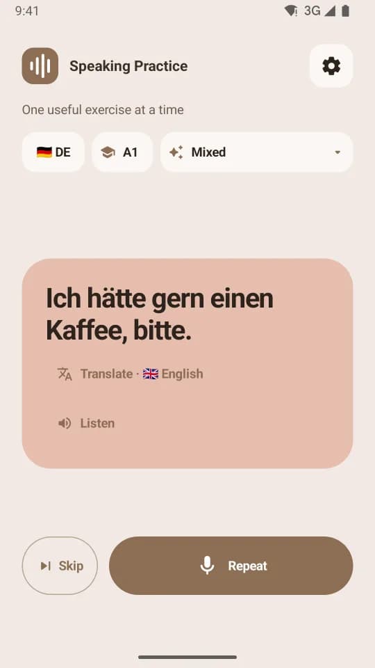A German A1 exercise asking the learner to repeat 'Ich hätte gern einen Kaffee, bitte.'