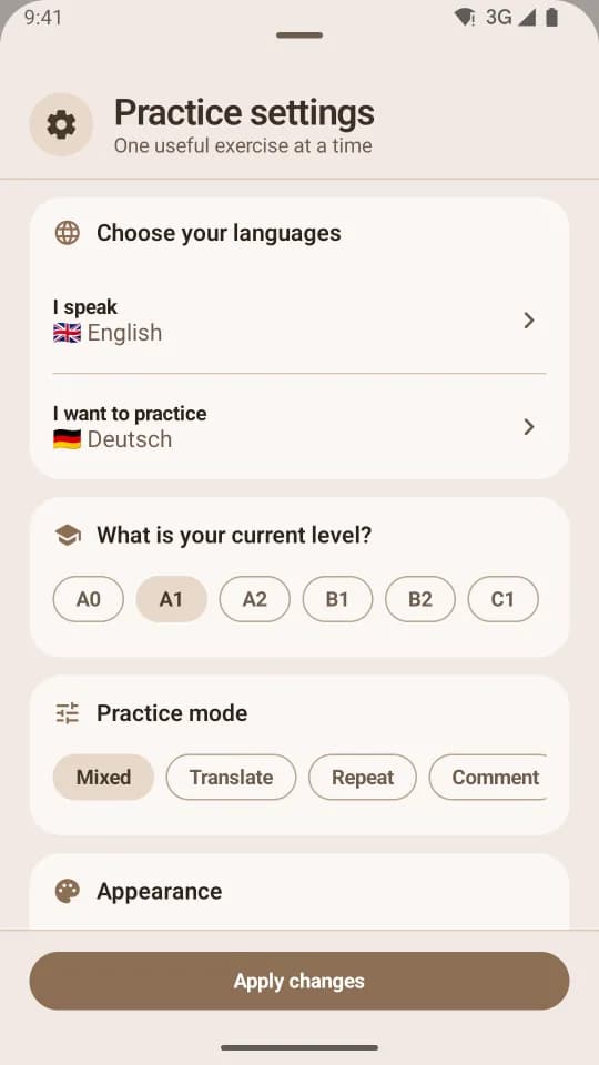 Practice settings with language, level, and practice mode choices
