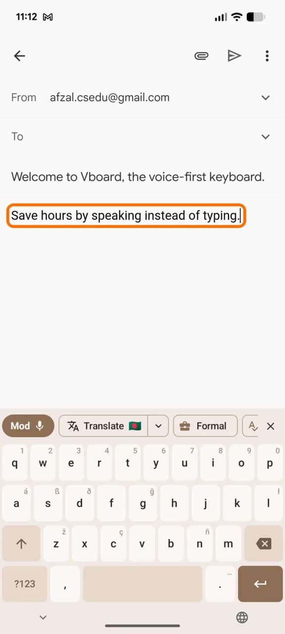 vBoard on Android showing dictated text and AI actions above the keyboard